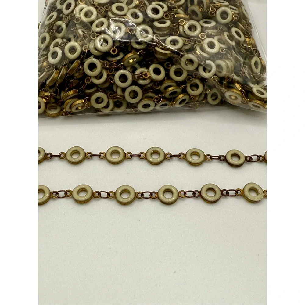 Cream Enameled Round Flat Open Circle 6.5mm Bead Chain Brass Wrapped 39ft (35)